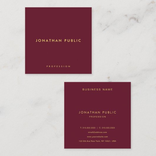 Modern Elegant Simple Template Gold Text Burgundy Quadratische Visitenkarte (Vorne/Hinten)
