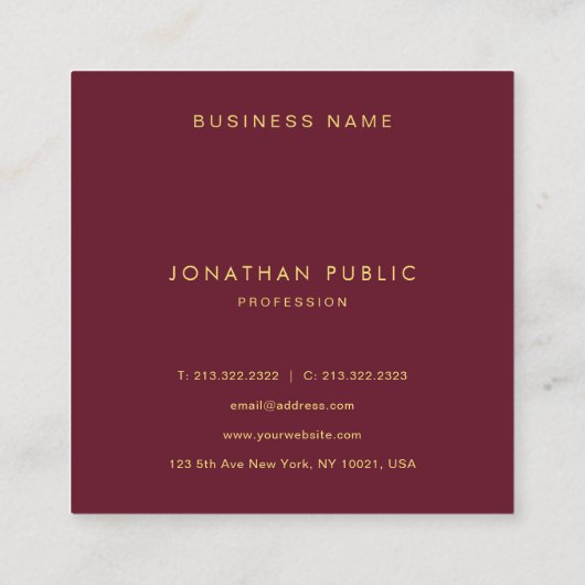 Modern Elegant Simple Template Gold Text Burgundy Quadratische Visitenkarte (Rückseite)