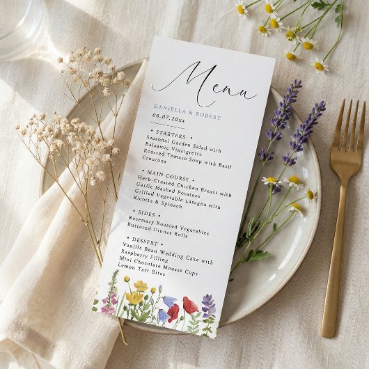 Modern Elegant Spring Summer Wildflower Wedding Menükarte