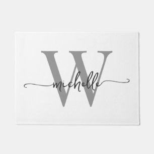 Modern Elegant White Gray Monogram Name Script Fußmatte