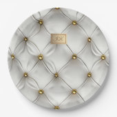 Modern Elegant White Leather Tufted Gold Pappteller (Vorderseite)