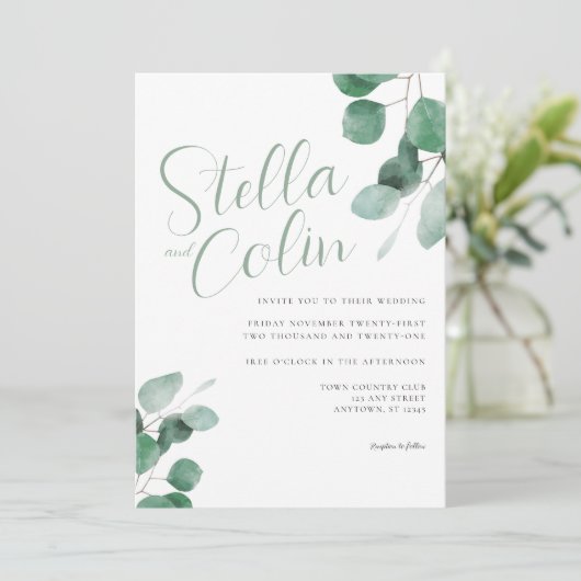 Modern Elegante Eucalyptus Sage Green Wedding Invi Einladung (Stehend Vorderseite)