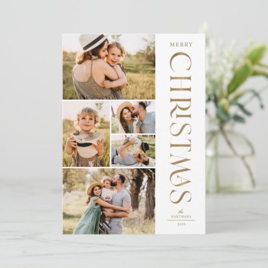Modern Elegante Gold Five Foto Collage Weihnachten (Stehend Vorderseite)