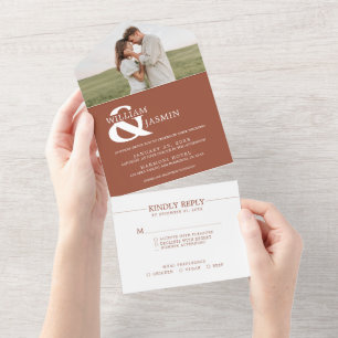 Modern Elegante Terracotta Rost Foto Hochzeit All In One Einladung