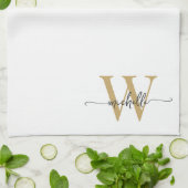 Modern Elegante White Gold Monogram Name Script Geschirrtuch (Gefaltet)