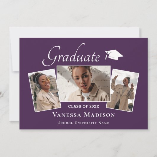 Modern | Eleganter Lila 3-Foto-Abschluss Ankündigung (Vorderseite)