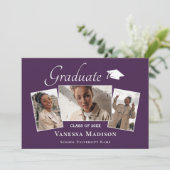 Modern | Eleganter Lila 3-Foto-Abschluss Ankündigung (Stehend Vorderseite)