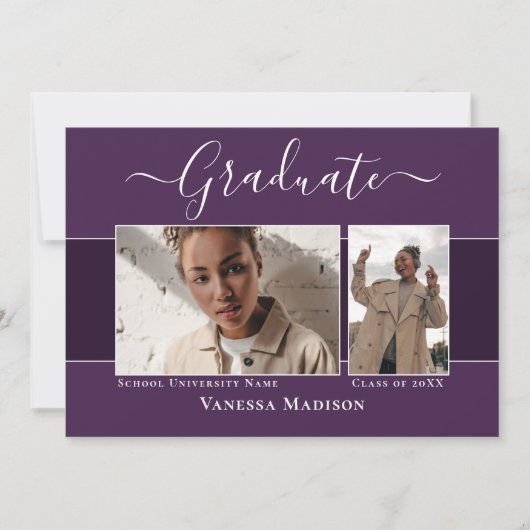 Modern | Eleganter Lila Abschluss mit 2 Fotos Ankündigung (Vorderseite)