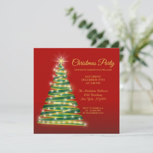 Modern Elegantes Red Gold Green Christmas Tree Par Einladung (Stehend Vorderseite)
