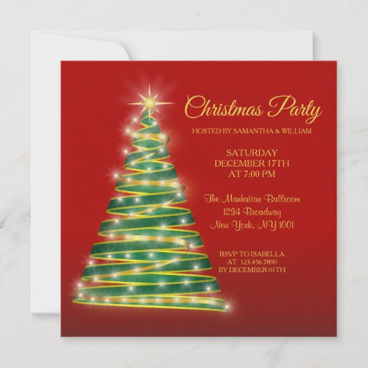 Modern Elegantes Red Gold Green Christmas Tree Par Einladung (Vorderseite)