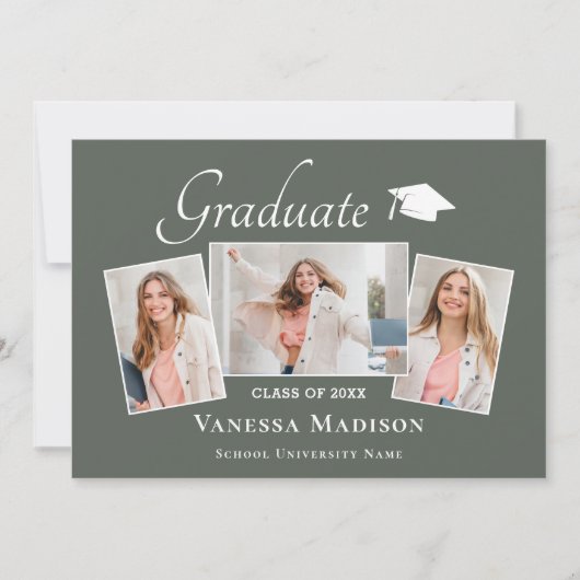 Modern | Elegantsage Green 3 Foto Abschluss Ankündigung (Vorderseite)