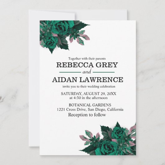 Modern Emerald Floral Garden Wedding Invitation Einladung (Vorderseite)