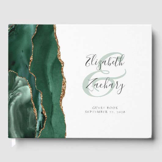 Modern Emerald Green Agate Gold Script Gästebuch (Vorderseite)