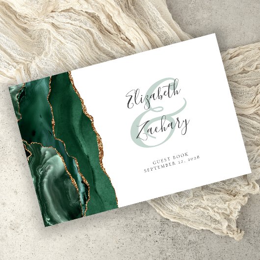 Modern Emerald Green Agate Gold Script Gästebuch