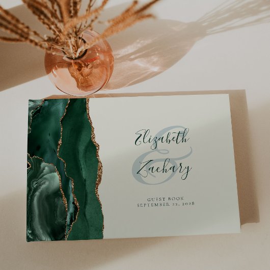 Modern Emerald Green Agate Gold Script Ivory Gästebuch