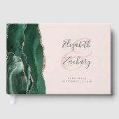 Modern Emerald Green Agate Rose Gold Script Blush Gästebuch (Vorderseite)