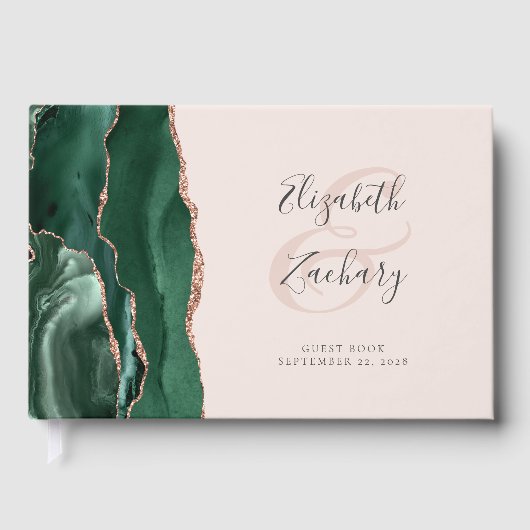 Modern Emerald Green Agate Rose Gold Script Blush Gästebuch (Vorderseite)