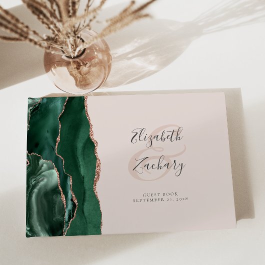 Modern Emerald Green Agate Rose Gold Script Blush Gästebuch