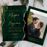 Modern Emerald Green Agate Script Photo Wedding Einladung<br><div class="desc">This elegant wedding invitation features a background image of emerald green watercolor agate trimmed with faux gold glitter. The customizable text combines gold-colored modern handwriting, copperplate and italic fonts. On the reverse side, easily replace the sample image with a photo of the future bride and groom, and add a few...</div>