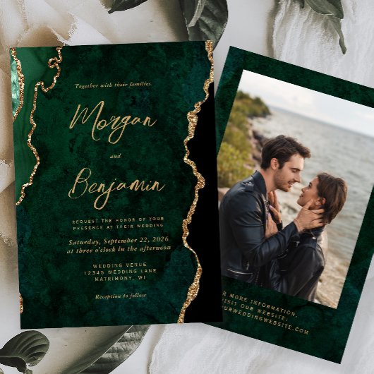 Modern Emerald Green Agate Script Photo Wedding Einladung