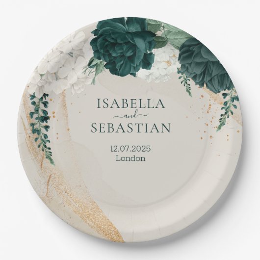 Modern Emerald Green Beige Floral Elegance Pappteller (Vorderseite)