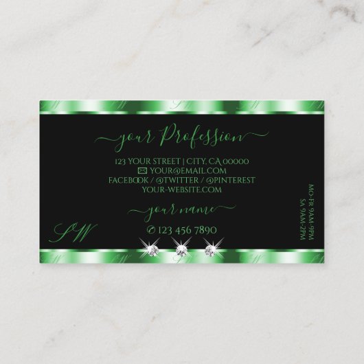 Modern Emerald Green Black Sparkle Jewels Monogram Visitenkarte (Rückseite)