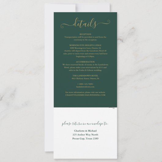 Modern Emerald Green Elegante Gold Script Einladung (Rückseite)