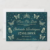 Modern Emerald Green Gold 15 Jahre alt Quinceañera Save The Date (Vorderseite)
