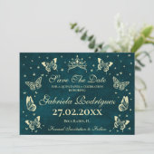 Modern Emerald Green Gold 15 Jahre alt Quinceañera Save The Date (Stehend Vorderseite)