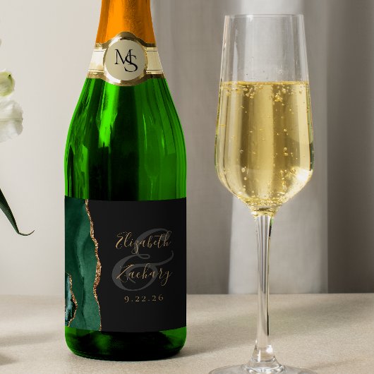 Modern Emerald Green Gold Agate Dark Wedding Schaumweinetikett