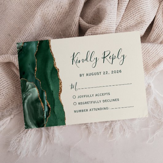Modern Emerald Green Gold Agate Ivory Wedding RSVP Karte