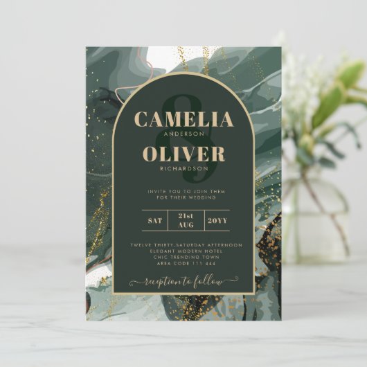 Modern Emerald Green Gold Agate Marble WEDDING Einladung (Stehend Vorderseite)