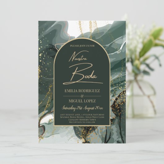 Modern Emerald Green Gold Agate Marble WEDDING Einladung (Stehend Vorderseite)
