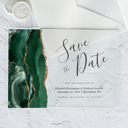 Modern Emerald Green Gold Agate Save the Date Card Acryleinladungen