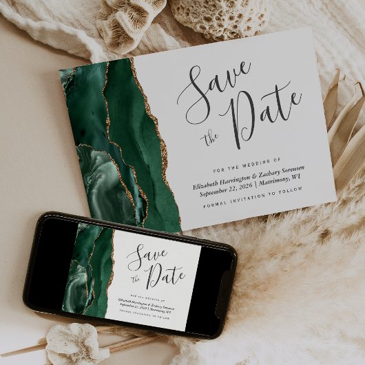 Modern Emerald Green Gold Agate Save the Date Card Einladung