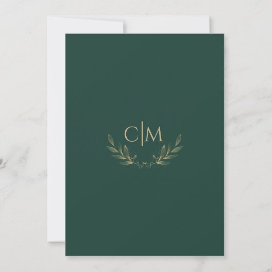 Modern Emerald Green Gold Leaf Wedding Monogram Einladung (Rückseite)