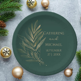 Modern Emerald Green Gold Leaf Wedding Monogram Pappteller