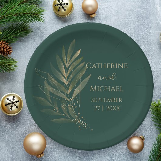 Modern Emerald Green Gold Leaf Wedding Monogram Pappteller