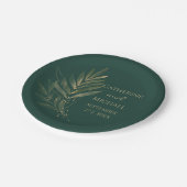 Modern Emerald Green Gold Leaf Wedding Monogram Pappteller (Schrägansicht)