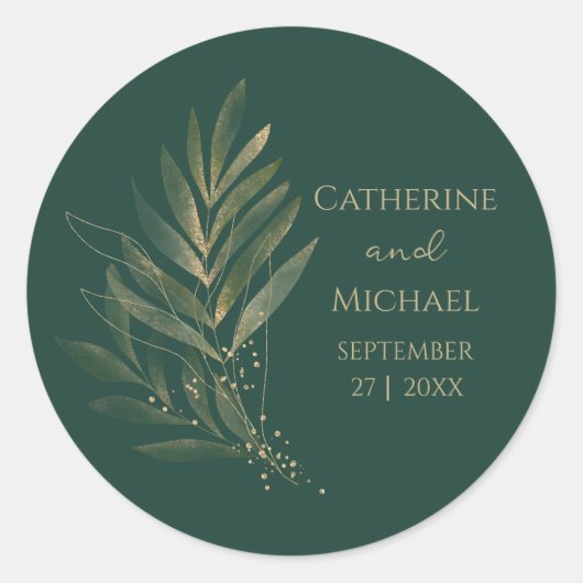 Modern Emerald Green Gold Leaf Wedding Monogram Runder Aufkleber (Vorderseite)
