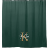 Modern Emerald Green Gold Monogram Script Duschvorhang (Vorderseite)