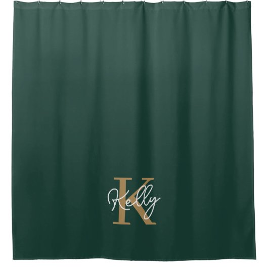 Modern Emerald Green Gold Monogram Script Duschvorhang (Vorderseite)