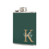 Modern Emerald Green Gold Monogram Script Flachmann (Links)