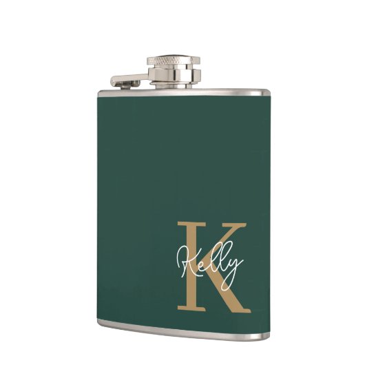 Modern Emerald Green Gold Monogram Script Flachmann (Links)