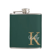 Modern Emerald Green Gold Monogram Script Flachmann (Vorderseite)