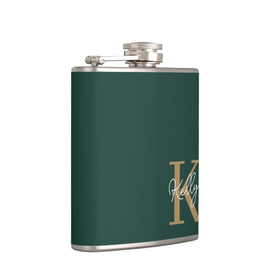 Modern Emerald Green Gold Monogram Script Flachmann (Rechts)