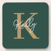 Modern Emerald Green Gold Monogram Script Getränkeuntersetzer (Vorderseite)