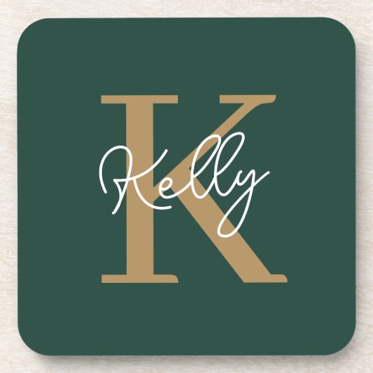 Modern Emerald Green Gold Monogram Script Getränkeuntersetzer (Vorderseite)