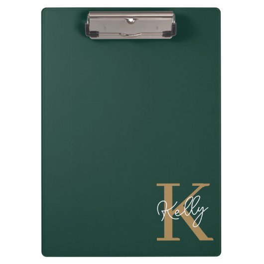 Modern Emerald Green Gold Monogram Script Klemmbrett (Vorderseite)