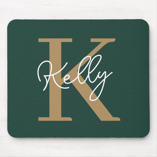 Modern Emerald Green Gold Monogram Script Mousepad (Vorne)